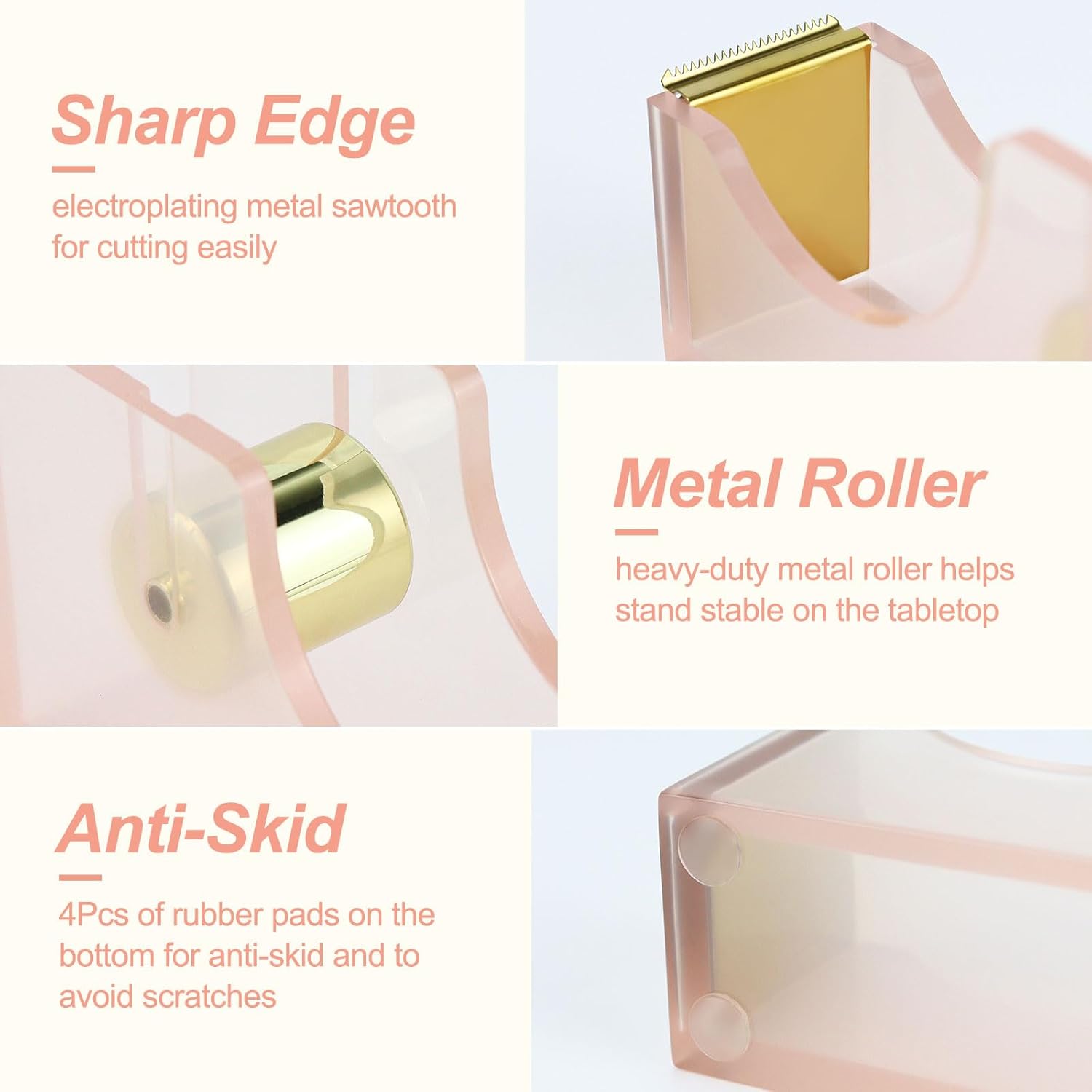 MultiBey 1-Inch Core Clear Acrylic Pink Gold Tape Dispenser Heavy Duty Desk Set, Stapler with 950Pcs Rose Gold Staples, Acrylic Scissors, Stationery Set for Home Office & School Supplies