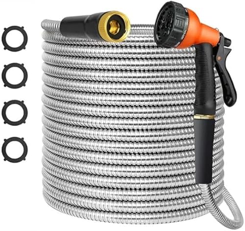 TOPUPHOE Metal 100 FT Garden Hose, Stainless Steel Heavy Duty Water Hoses Adjustable Spray Nozzle Lightweight No Kink Garden Hoses for Yard, Outdoor,Car