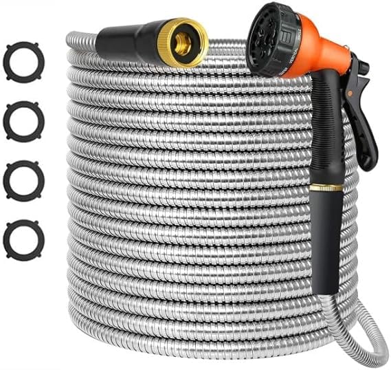 TOPUPHOE Metal 25 FT Garden Hose, Stainless Steel Heavy Duty Water Hoses Adjustable Spray Nozzle Lightweight No Kink Garden Hoses for Yard, Outdoor,Car