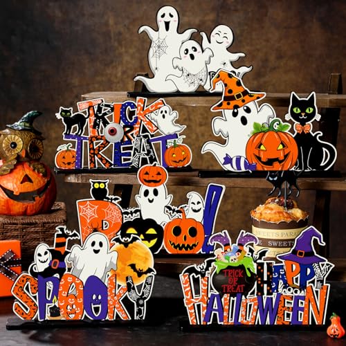 Image of CroBlissful 6 Pcs Halloween Table Centerpiece Decorations Trick or Treat Pumpkin Ghost Wood Centerpiece Happy Halloween Boo Spooky Wooden Signs Table Decor for Living Room Office Kitchen Party Decor