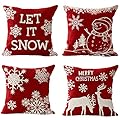 Pack of 4 Merry Christmas Snowflake Let It Snow Snowman Pine Tree Elk Moose Blessing Gift Cotton Linen Square Throw Waist Pillow Case Decorative Cushion Cover Pillowcase Sofa 18"x 18"
