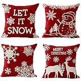 4 Pack, Happy Winter Red Snowflake Let It Snow Snowman Christmas Tree Animal Elk Merry Cotton Linen Square Throw Waist Pillow Case Decorative Cushion Cover Pillowcase Sofa 18