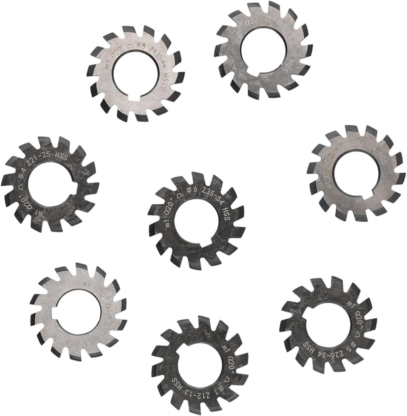 8Pcs HSS M1 Diameter 22mm PA20° Involute Gear Cutters Set with Pressure Angle 20 Degree for 12-135+ Teeth Metalworking Manufacturing