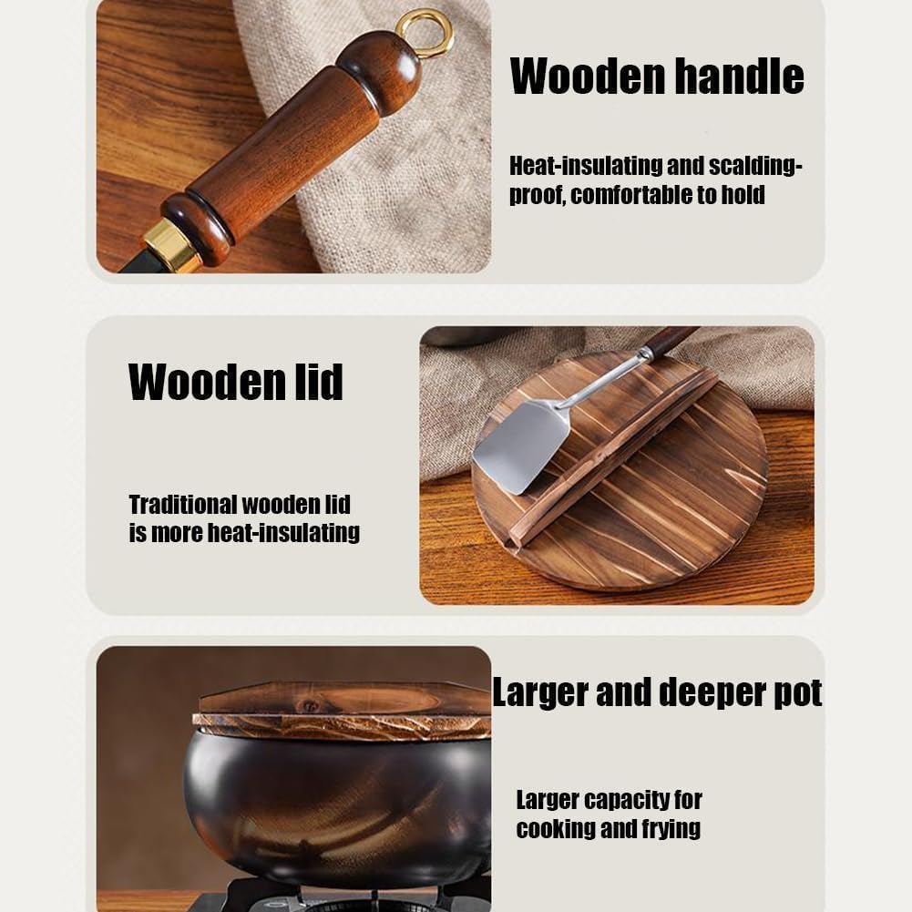 Cast Iron Skillet, Cast Iron Wok With Lid, Hand-Forged Non-Stick Without Coating, For Frying, Braising, Stewing (Wooden lid, 28cm)