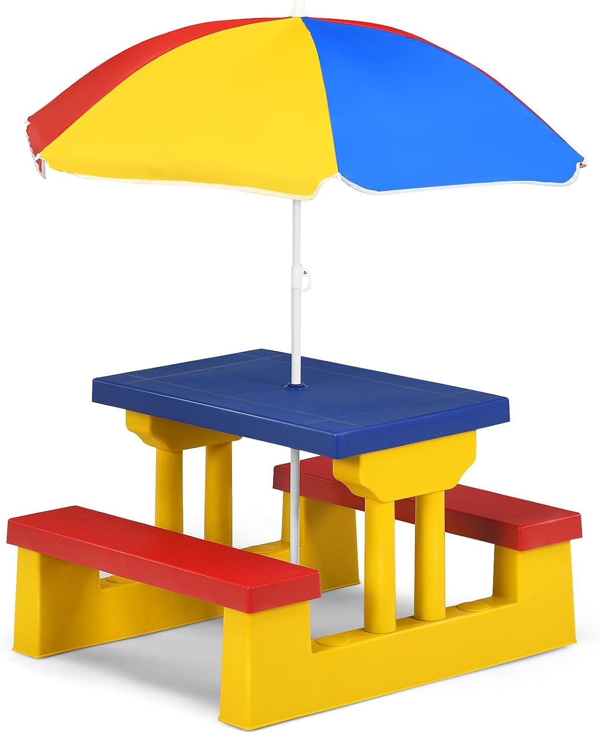 COSTWAY Tavolo da Picnic per Bambini con Parasole Pieghevole, Set di Tavolo e Panche per Festa e Picnic (Colore 1)