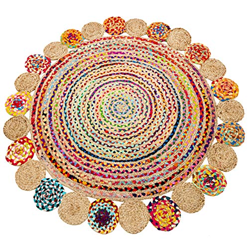 Eleet Handcrafted Reversible Cotton Area Rug - 3 Ft Multicolor Hand Woven Braided Rug Rag (3 Feet Fancy Round Cotton + Jute) #TOP6
