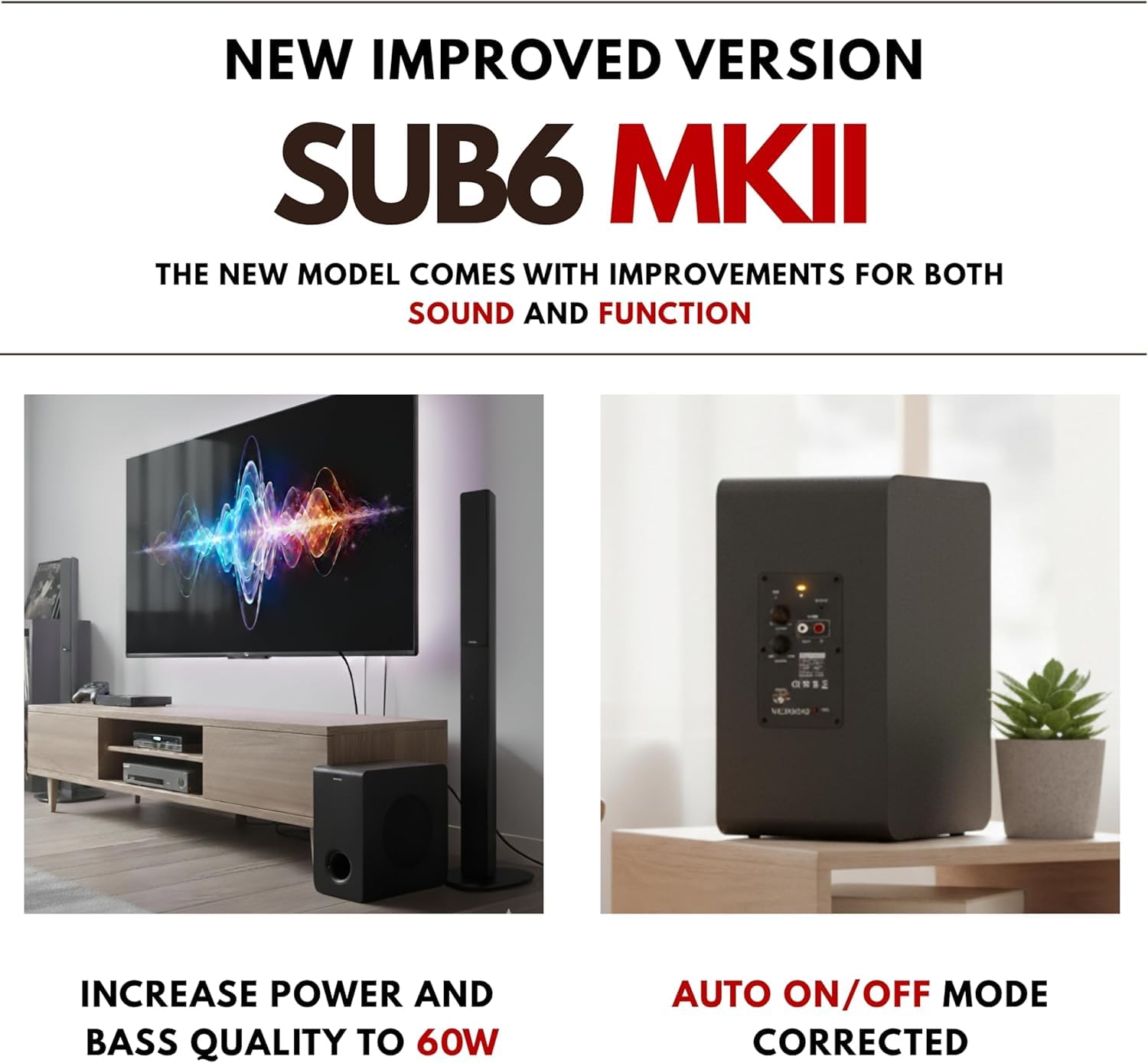 VULKKANO Sub6 MKII Subwoofer Attivo Compatto da 6 pollici con bassi profondi e design elegante per Home Cinema, Musica e Videogiochi, Frequenza da 50 Hz a 200 Hz