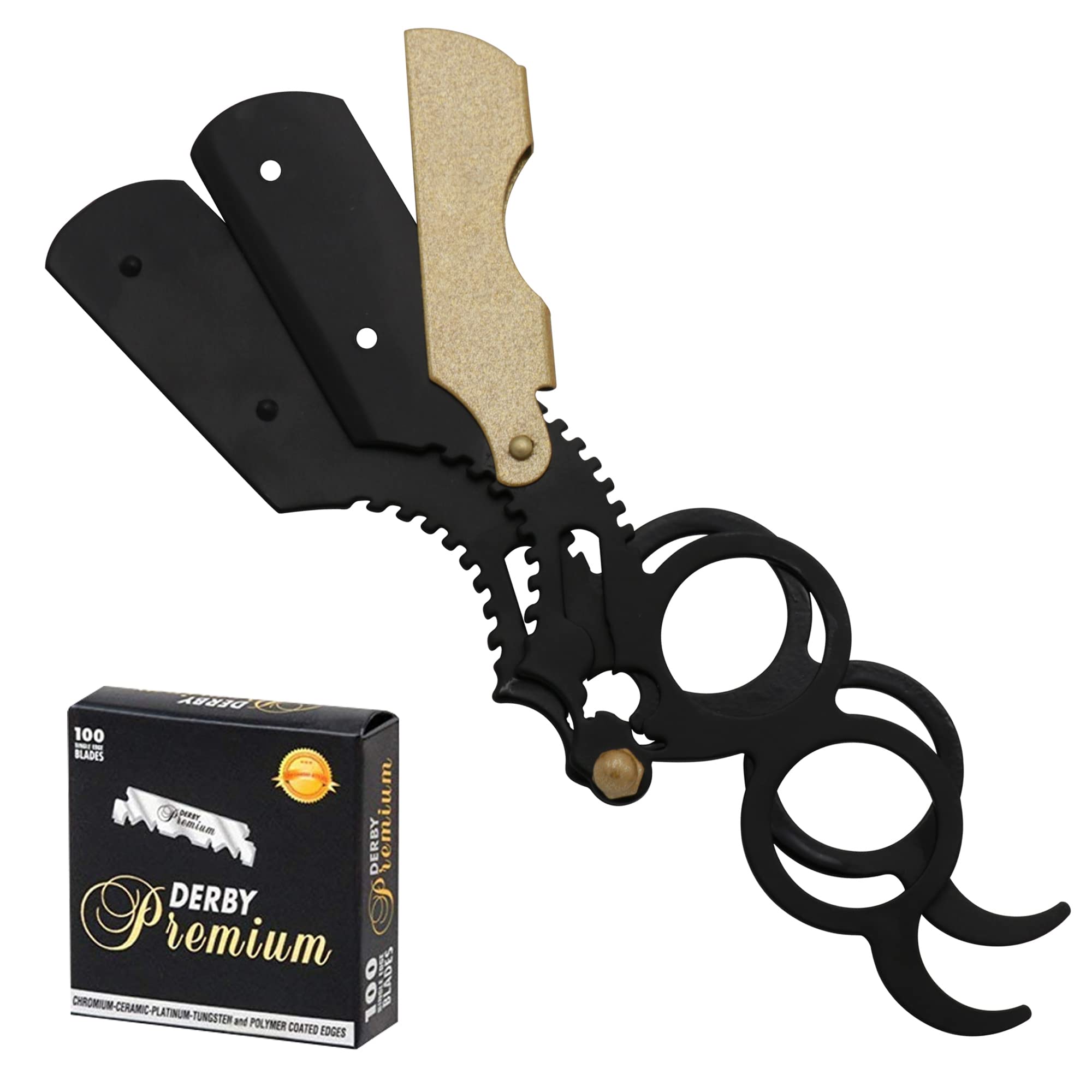 Universal Replaceable Half Blade Straight Razor with 100 Blades, Professional Double Ring Barber Single Edge Shave Razor (Black Gold)