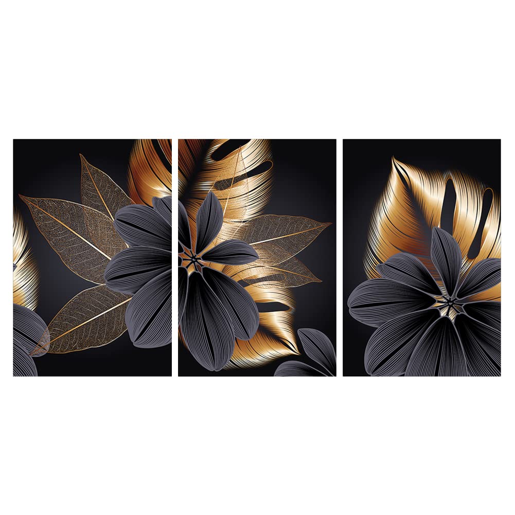 ConBlom Set of 3 Canvas Posters Design Wall Pictures, Abstract Black Golden Leaf Plant Canvas Poster Print Modern Nordic Decoration Painting Wall Art Picture (21X30cm), clear
