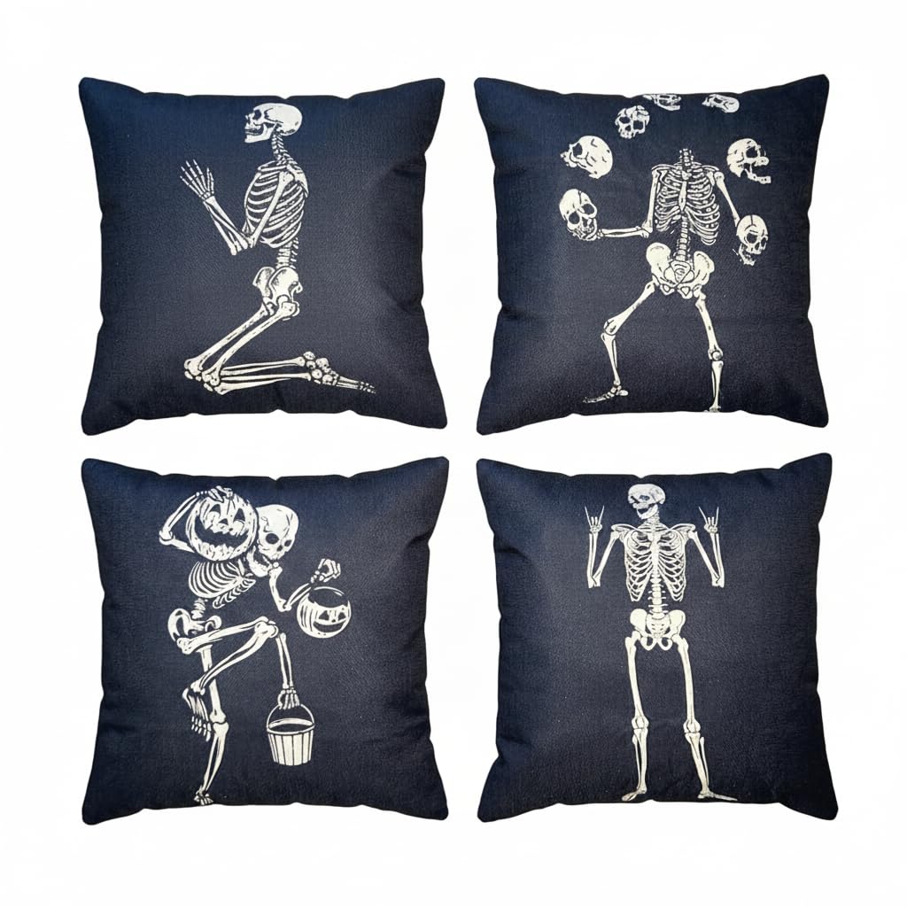 PRK 14 Cushion Covers 4 pcs Halloween Skeleton Funny Bones Gothic Pillow Throws for Livingroom Bedroom Couples Sofa Horror Scary Pillowcase Set 45 x 45cm