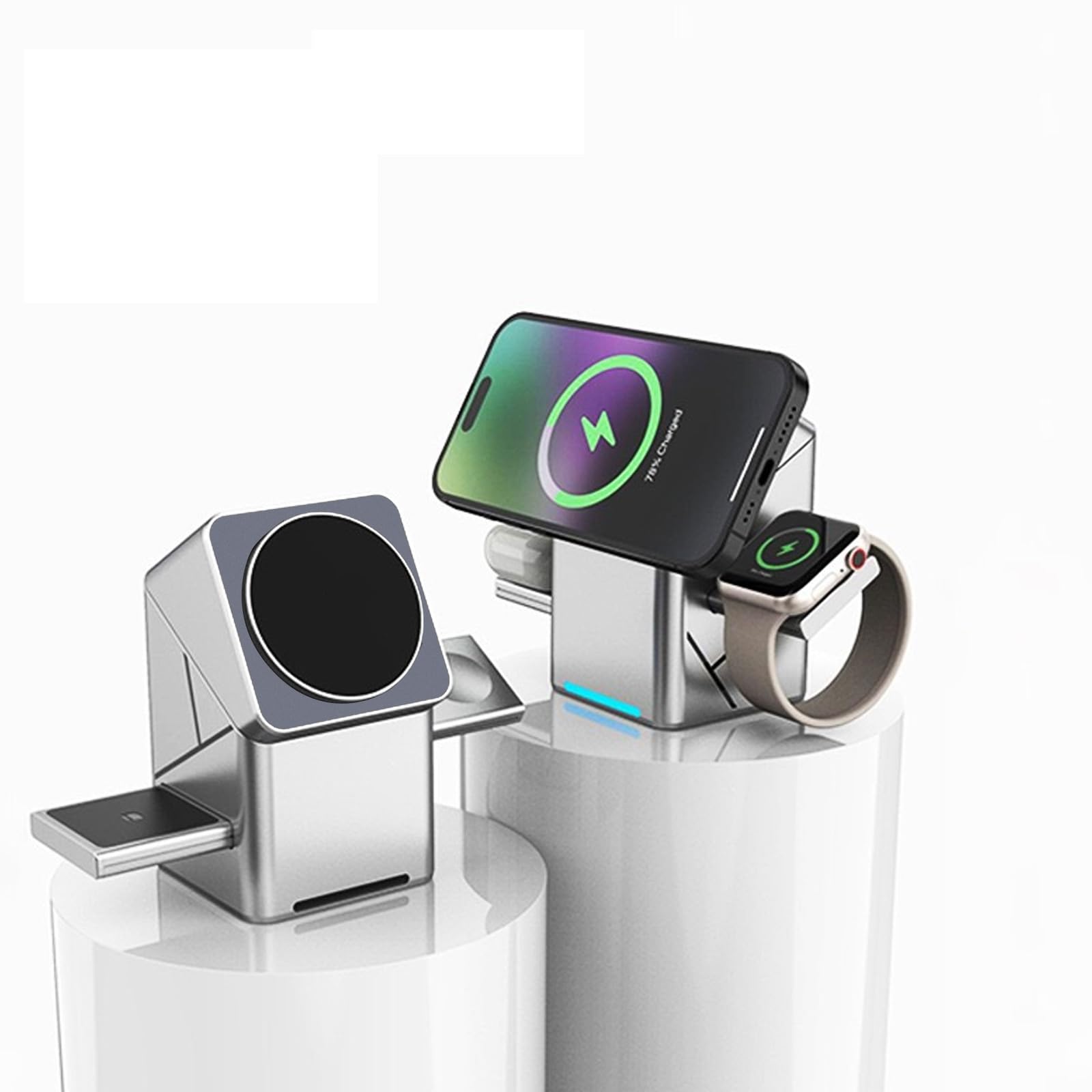 Dock ricarica magnetico Rotazione automatica Ricarica rapida da 15 W Supporto ricarica da tavolo compatibile per telefoni Auricolari Orologi Caricabatterie per telefoni