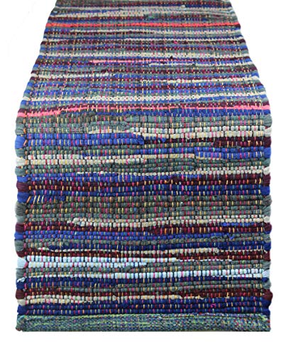 Cotton Craft - Hand Woven Reversible Cotton Multi Chindi Braid Table Runner - 14x72 Inches - This Runner is made from multi color re-cycled yarns, actual product may vary in color from the image shown