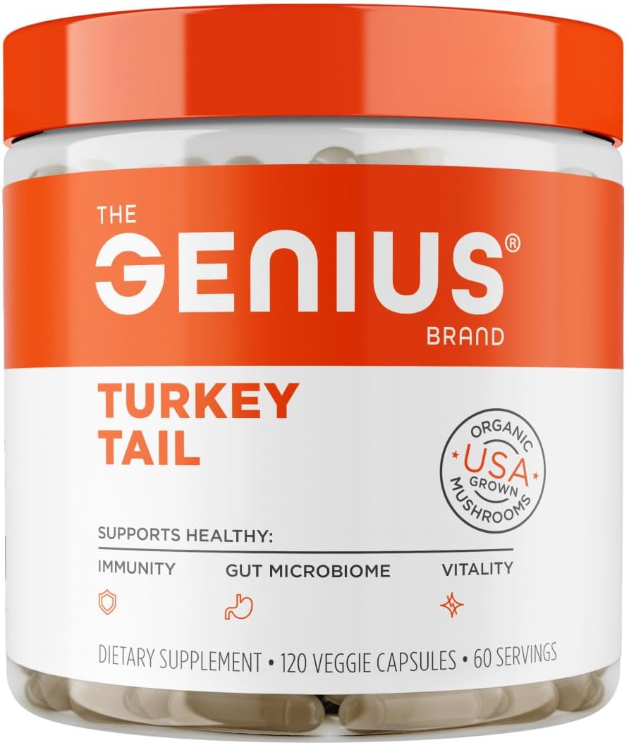 The Genius Brand Genius Turkey Tail - Plant-Based Supplement for Immune, Gut & Antioxidant Support - Organic & Non-GMO - 120 Veggie Capsules