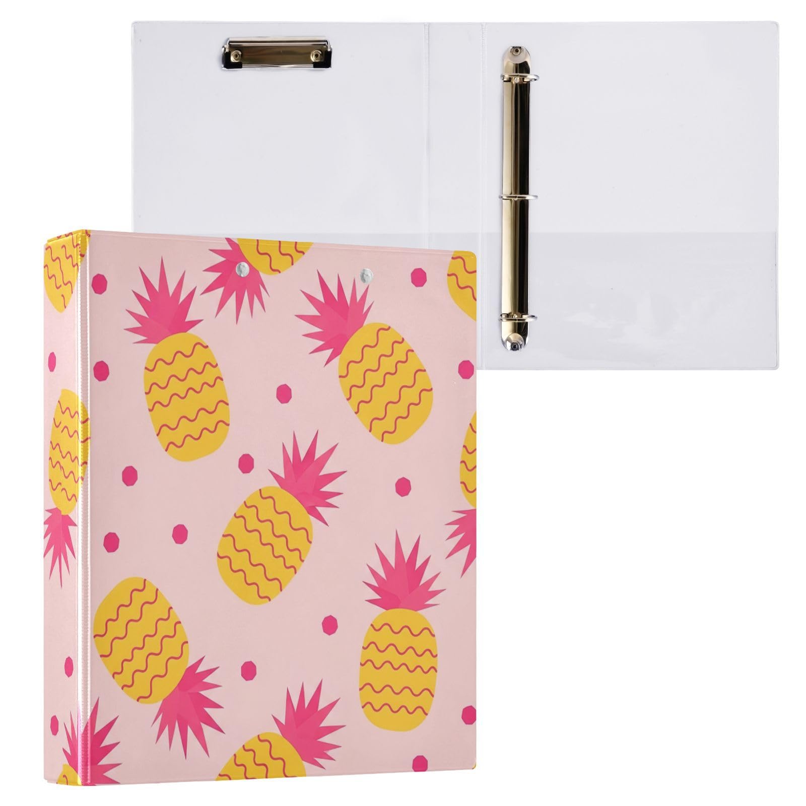 Carpetas de 3 anillos de 1.5 pulgadas con diseño de piñas amarillas brillantes, carpeta de anillos redondos con clip de metal, organizador A4 para el hogar y la oficina, paquete de 2