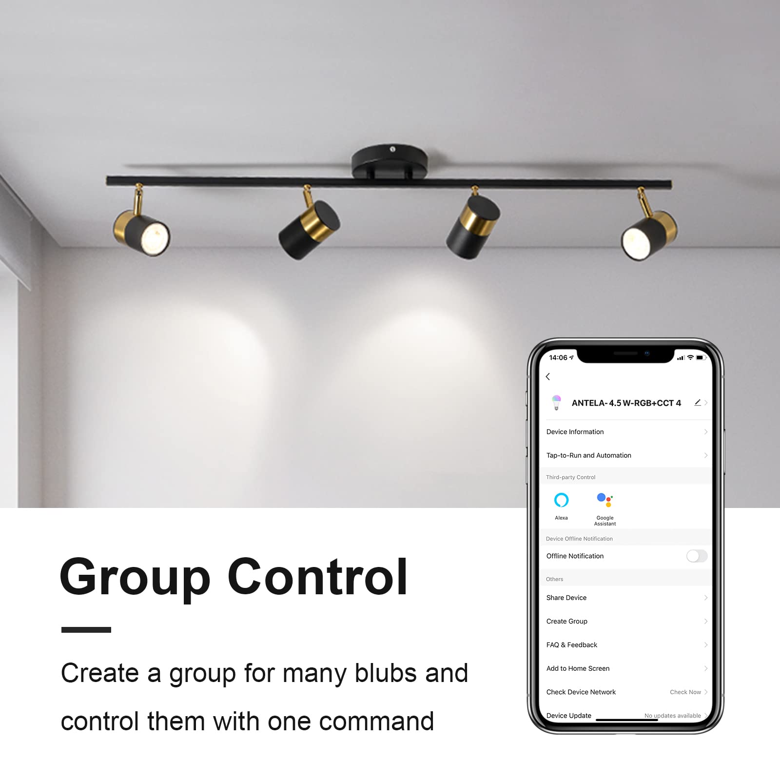 ANTELA Bombilla GU10 Inteligente Wifi Compatible con Alexa y Google Home, Luz Fría/Cálida 2700K-6500K, Bombilla RGB 16 Millones de Colores, 4,5W, 326LM, CRI 80, 15000hrs,4 PCS