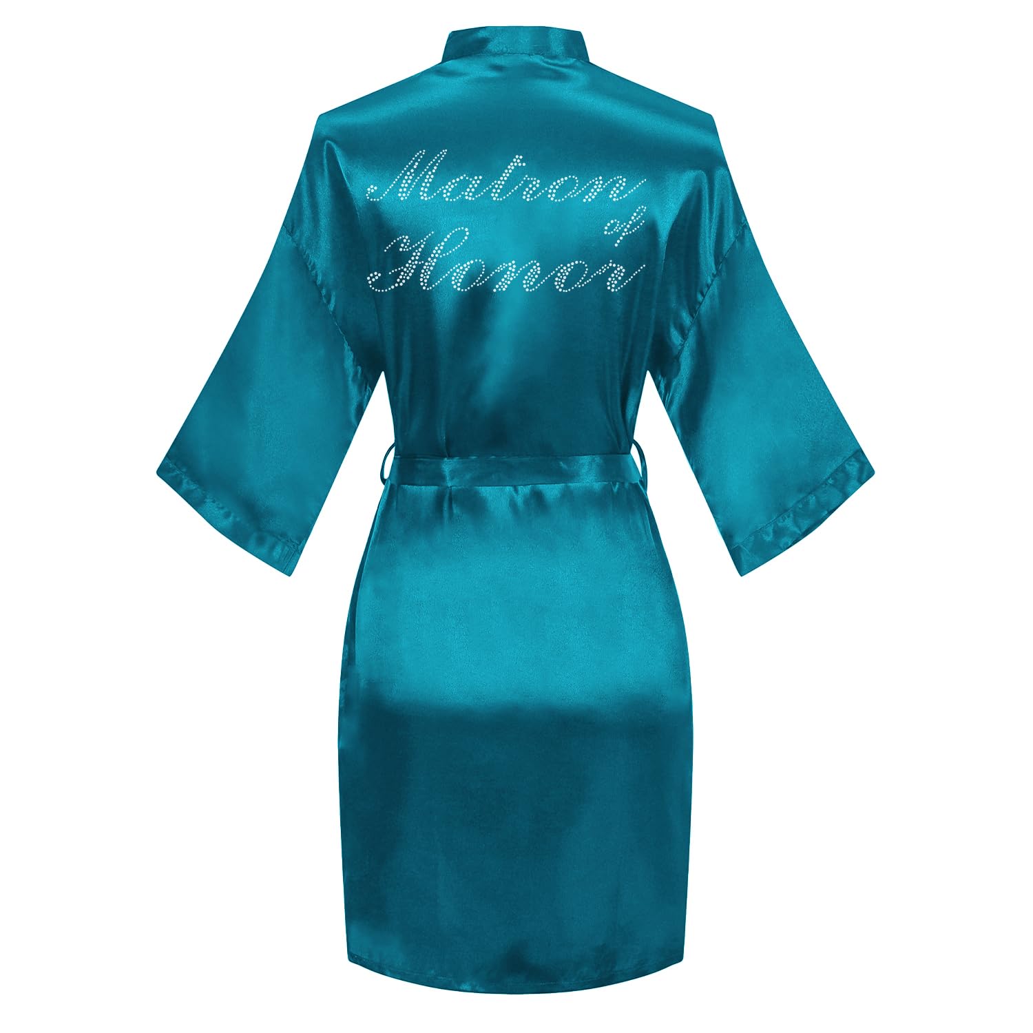 Women's Satin Robe Bride Bridesmaid Short Kimono Robes with Silver Rhinestones for Wedding Party Getting Ready