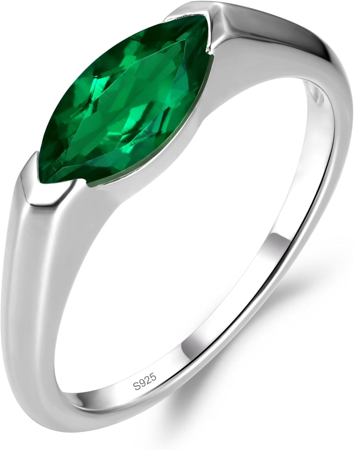 LUO Simple 925 Sterling Silver Marquise Cut 5x10 MM Gemstone East West Engagement Ring for Women