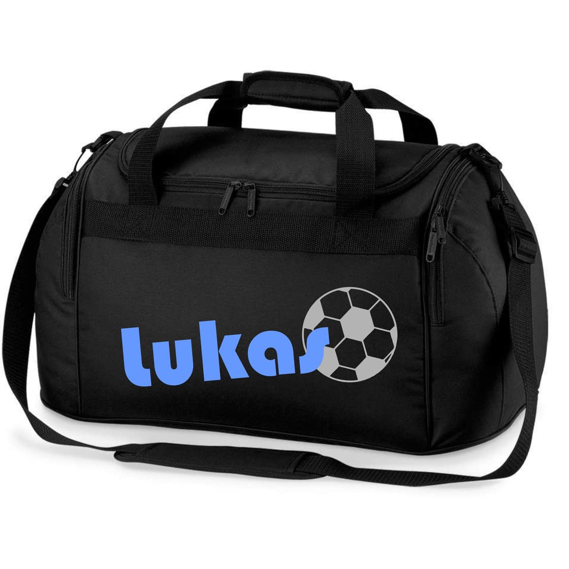 minimutz Borsa sportiva Bambini con nome | motivo calcio football| Inkl. personalizzazione e stampa | borsa da viaggio per ragazzi (nero)