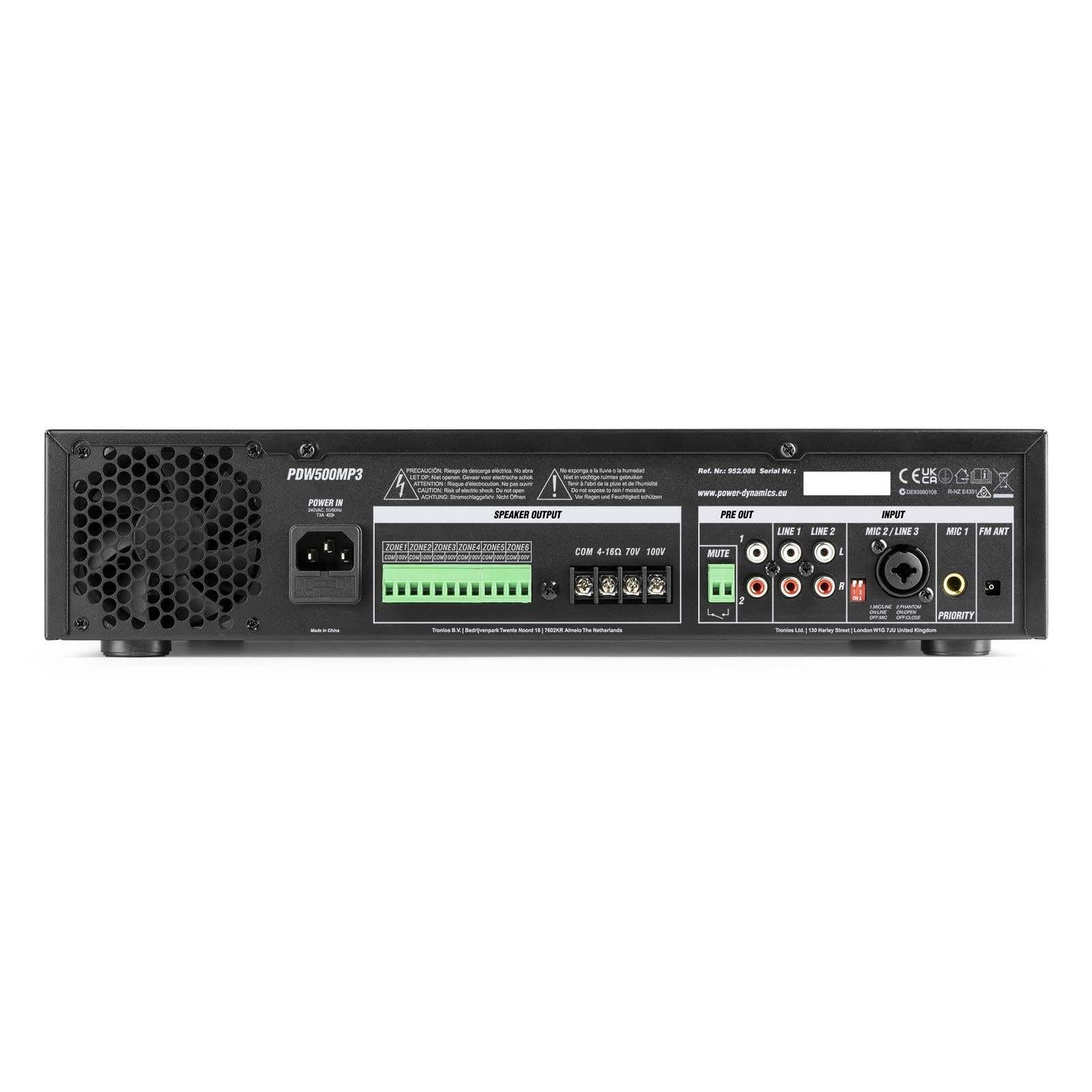Power Dynamics PDW500MP3 Amplificateur 100V 6 Zones 500 Watts Bluetooth MP3 USB SD Radio FM XLR