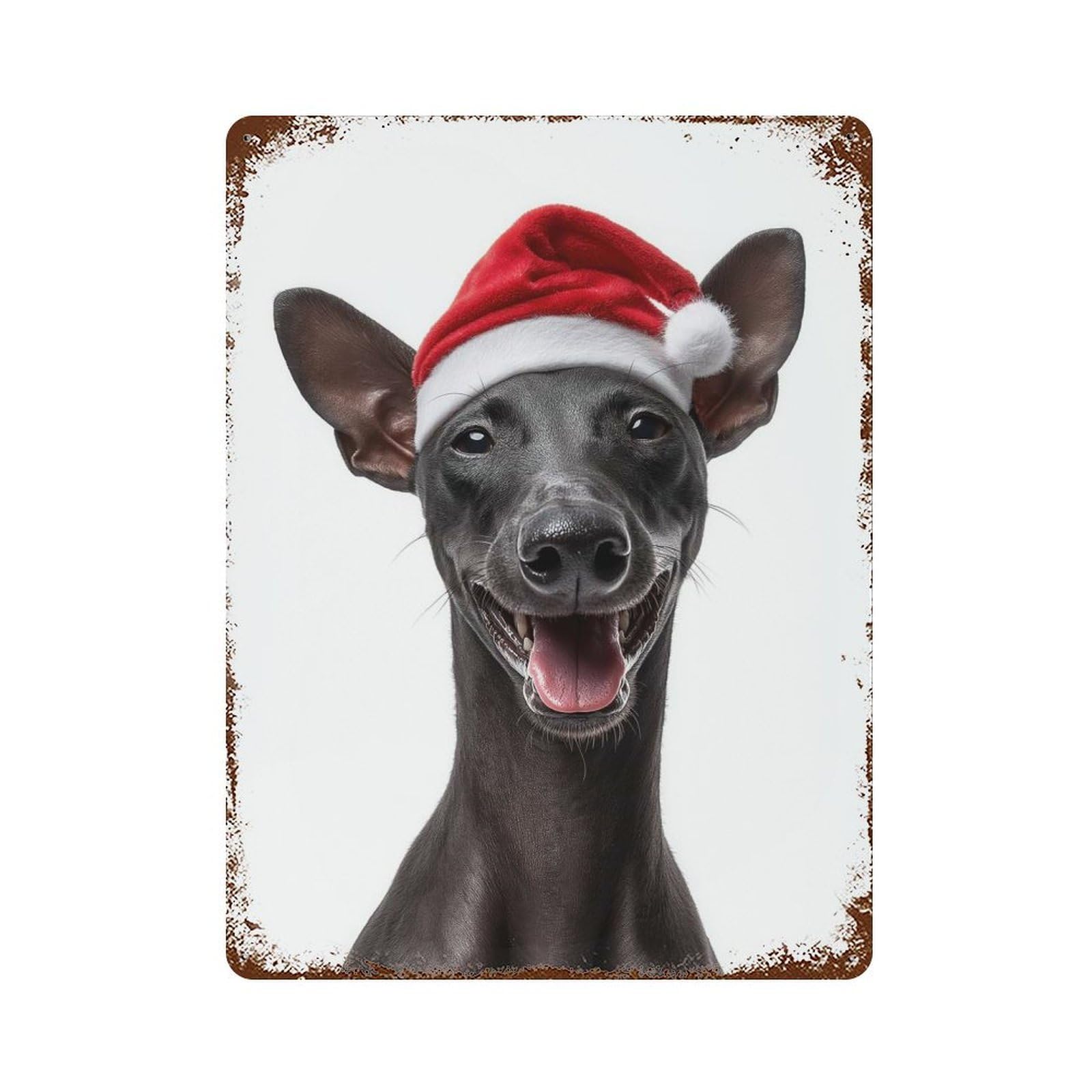 Garage Style Smiling Xoloitzcuintli Dog with Santa Hat Weathered Tin Sign 15.7"x11.8", Classic Wall Plaque for Bar And Workshop