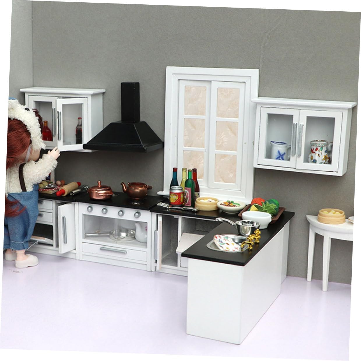 12 Mini Wooden Doll House Kitchen Set, White Miniature Kitchenette Furniture with Gas Stove and Hanging Cabinet for Dollhouse Decoration and Play