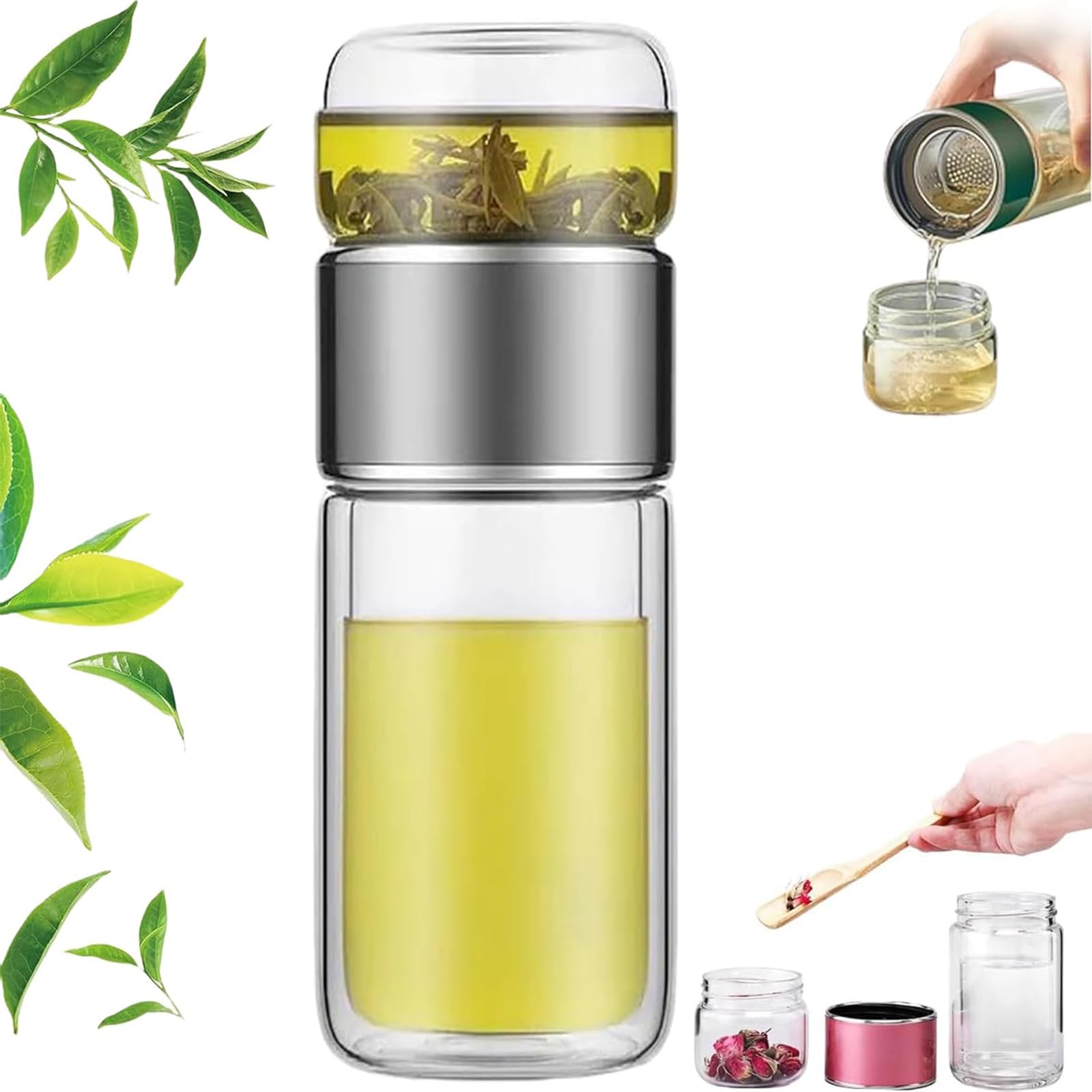 Botella infusora de té de vidrio de doble capa, máquina de té 3 en 1 de hojas sueltas y empinadora para preparar té suelto de 350 ml
