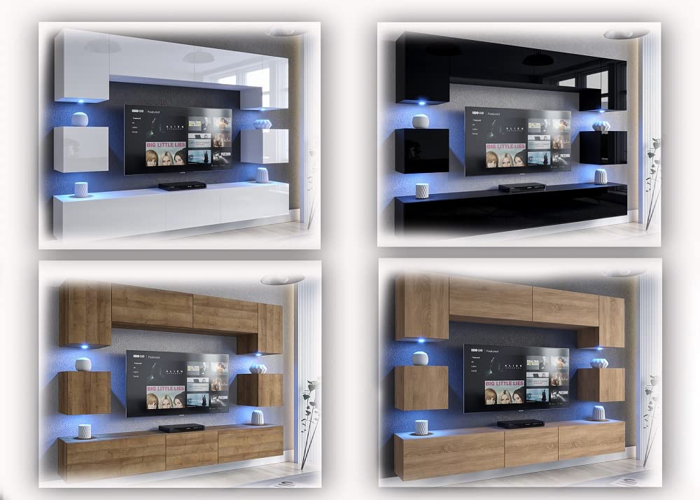 Furnitech Wohnzimmer | LED Weiß Möbel | Hängende Schrankwand Modern mit Regalen und TV-Schrank (Nowara AN1-17W-HG21 1A)