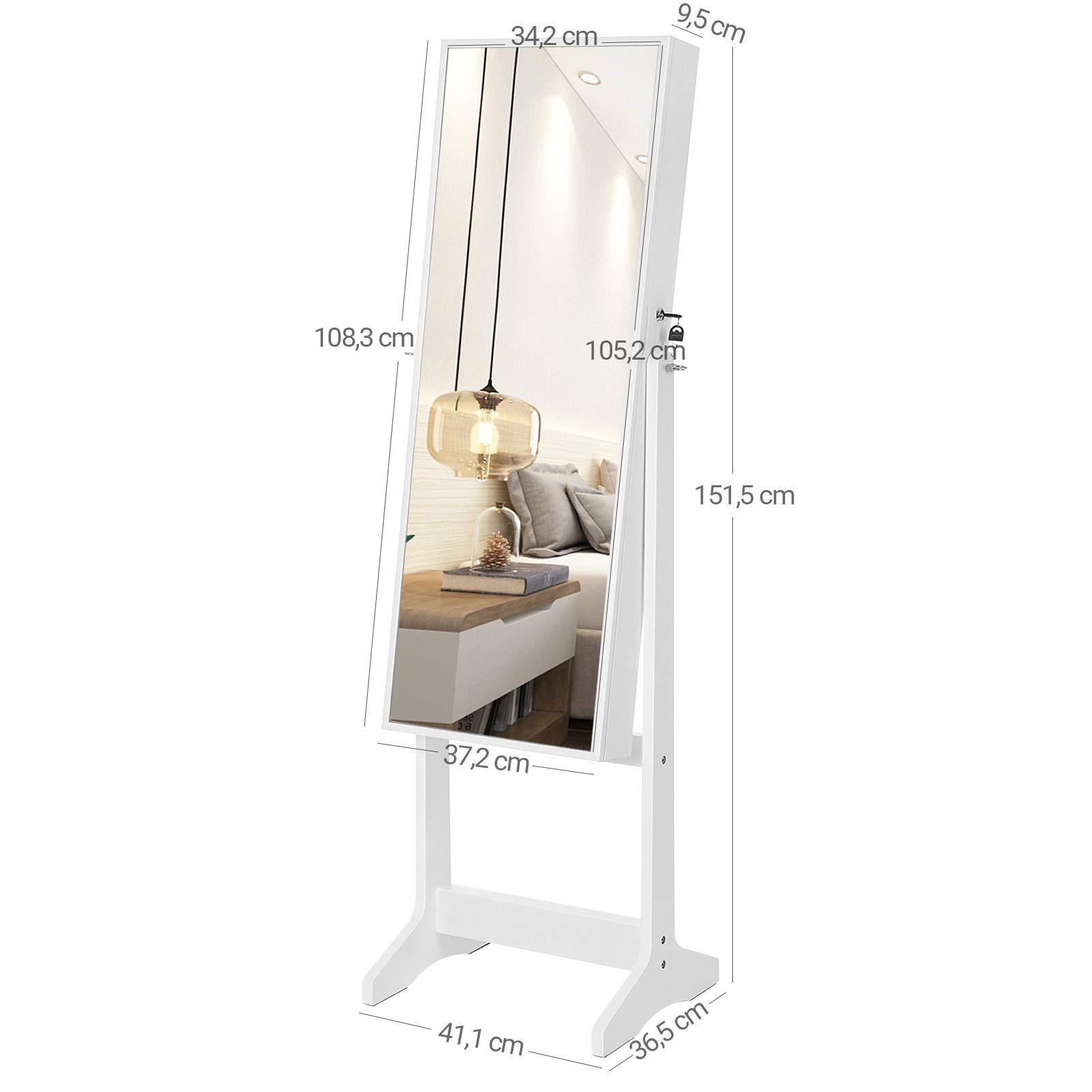 SONGMICS Schmuckschrank, Spiegelschrank, Standspiegel, GanzkÖrperspiegel, Geschenk, einfacher Aufbau, weiß JJC69WT