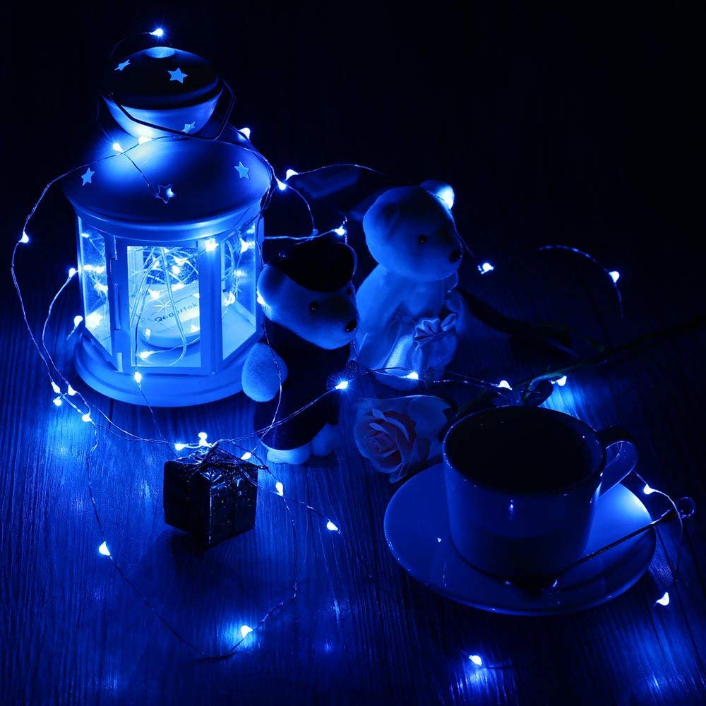 Paquete de 10 luces de hadas con pilas de 2 m, 20 luces LED de cadena de luces estrelladas de alambre plateado para bricolaje, boda, fiesta, festival, Halloween, Navidad (azul)