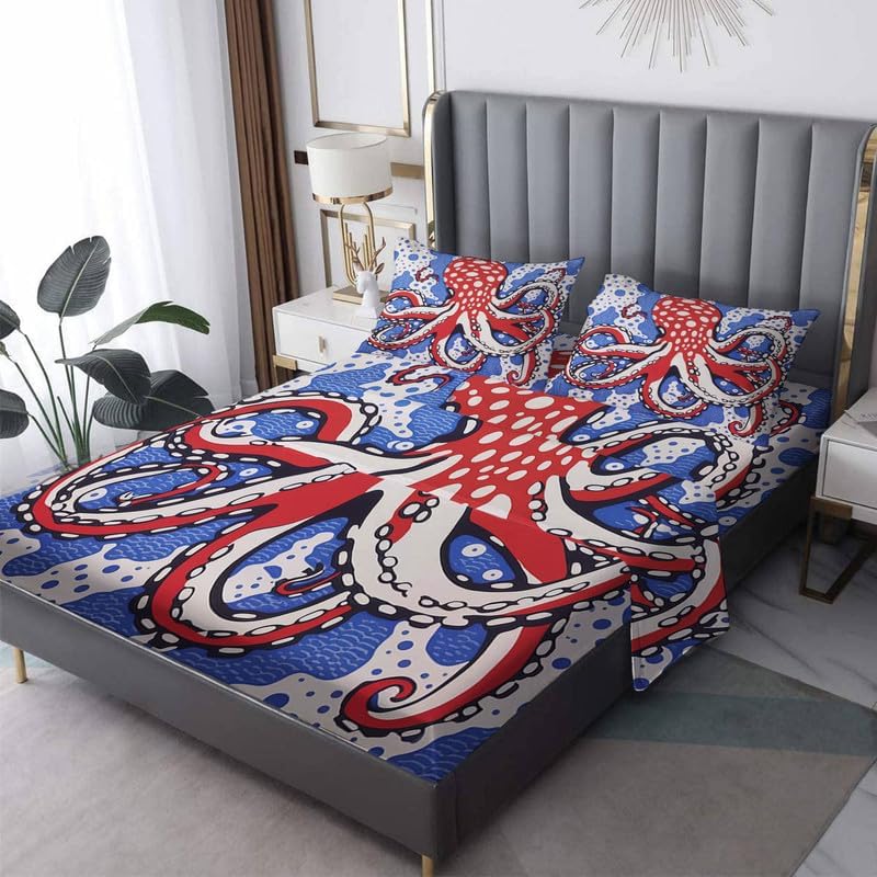 Vista 15 de Juego de sábanas de pulpo tamaño King, sábanas Kraken, microfibra suave, bolsillo profundo, sábanas y fundas de almohada estampadas sin arrugas, 4