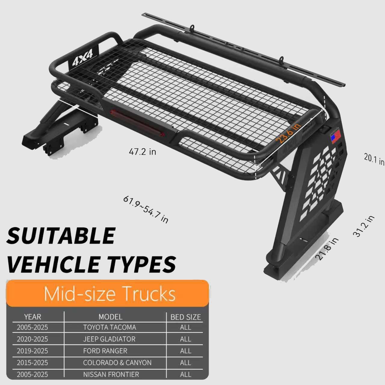 Basket Roll Bar for Mid-Size Trucks with Cargo Basket, Brake Light, Light Mount | Non-Drill Installation for Tacoma, Gladiator, Frontier, Ranger, Colorado, Canyon (Mid-Size Truck)
