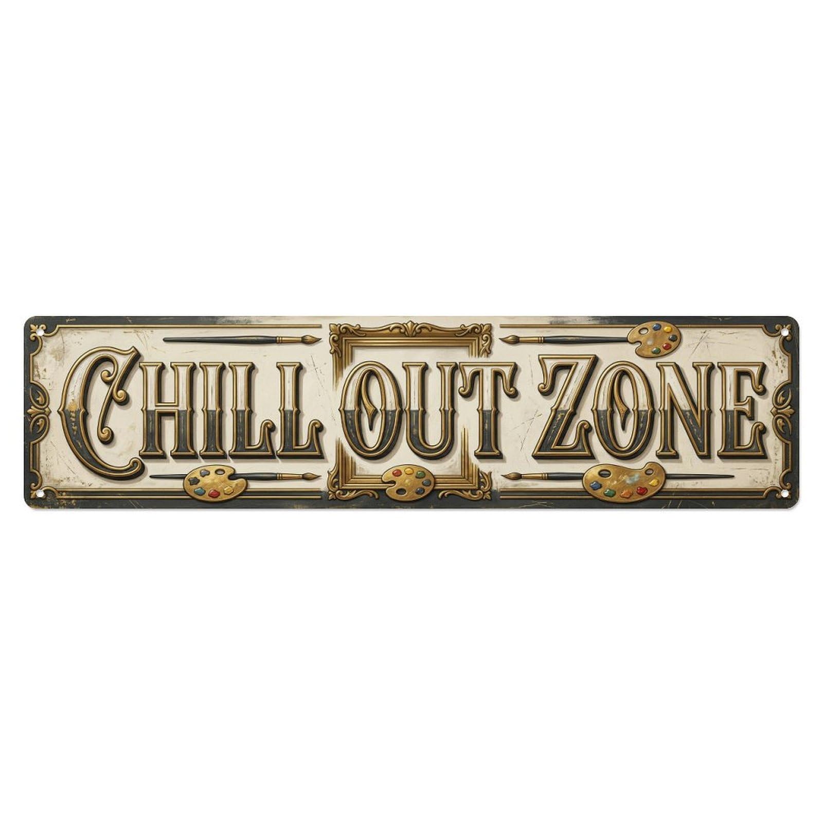Chill Out Zone Faded Gallery 4 Metal Tin Skinny Sign Plaque Wall Decor for Cafe, Club Bar, Office, Home Garden Metal Poster 4x16Inch