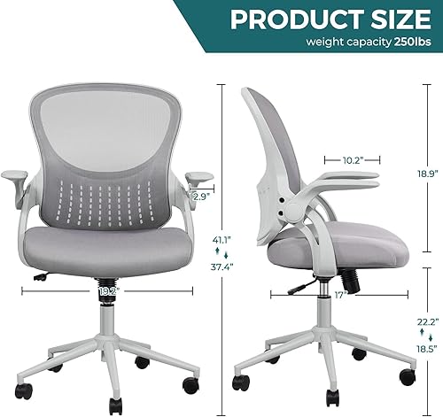 Miniatura 3 de SMUG Silla giratoria ergonómica de malla con respaldo medio y brazos abatibles, cómodo soporte lumbar, brazos cómodos para el hogar, dormitorio,