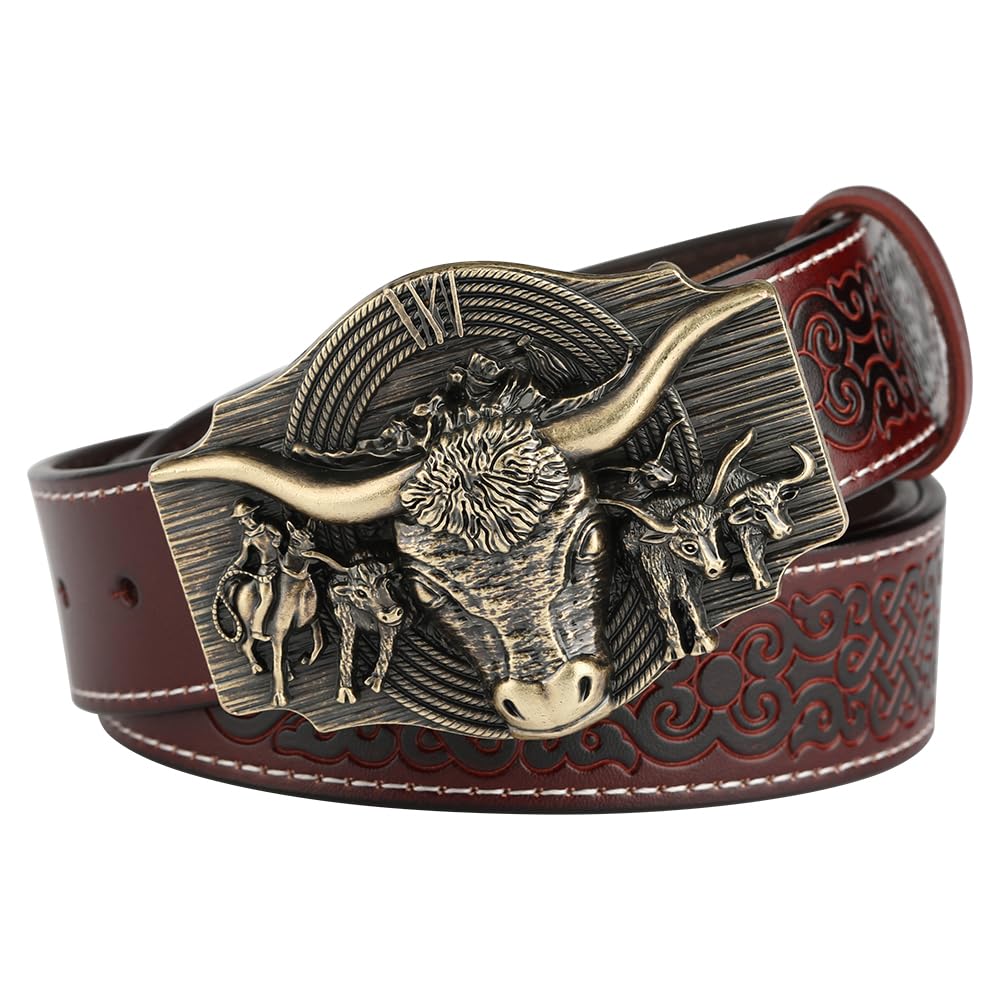 BDAYEK Men's Belt Men's Western Cowboy Belt Reddish Brown Floral Longhorn Engraved Cowhide(B Reddish Brown,105Cm/41.3In)