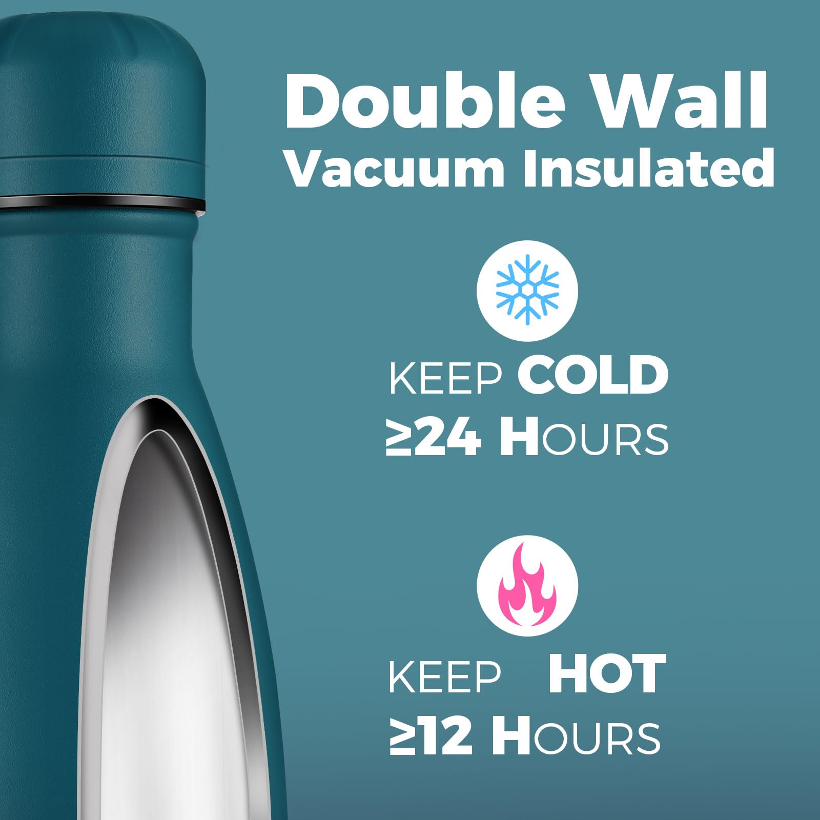 Volhoply 500ml Insulated Stainless Steel Water Bottle, Double Wall Vacuum Flask, Keeps Cold 24h & Hot 12h - Image 3