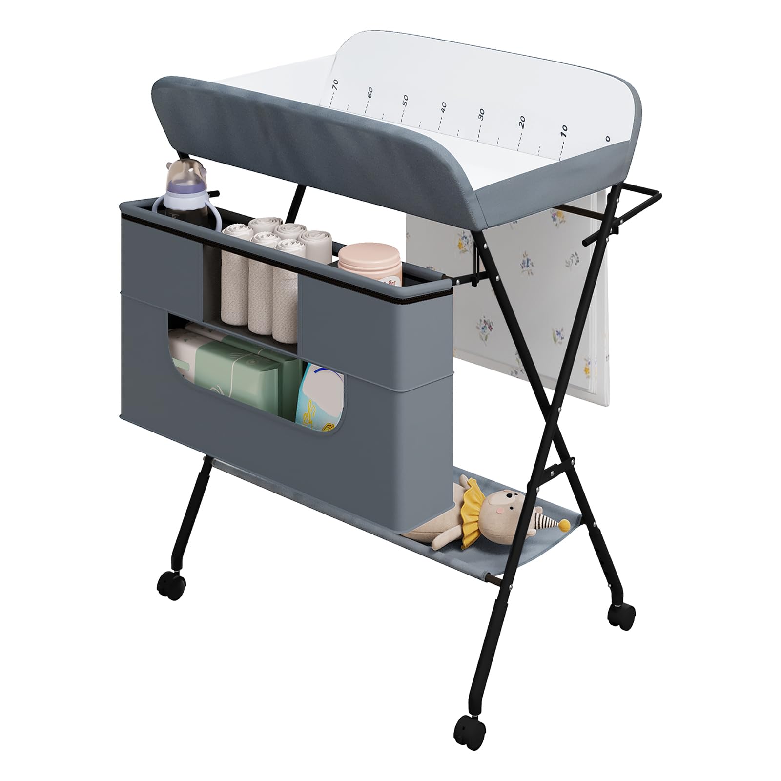WOLTU Cambiador Bebé Plegable con Ruedas y Freno, Cambiador con Gran Espacio de Almacenaje, Tela Oxford Impermeable y Fácil de Limpiar, Color Gris