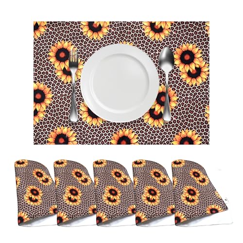 Image of Dining Table Mats Set of 6 with 135 cm Runner - Sunflower Animal Print Theme,Digital Print, Washable, Indoor /Outdoor, Heat-Proof, Wipe & Clean (47X33 cm) Yellow & Brown