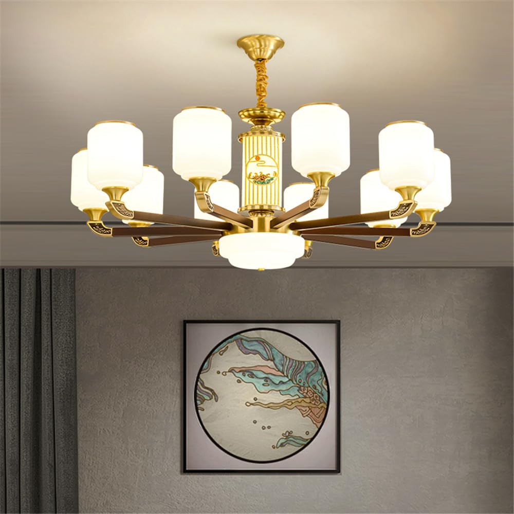 SXECAEPS Contemporary Luxury Brass Chandelier LED Chinese Style Living Room Bedroom Dining Villa Hotel Tearoom Cafe Pendent Lights (G 10 Lights)