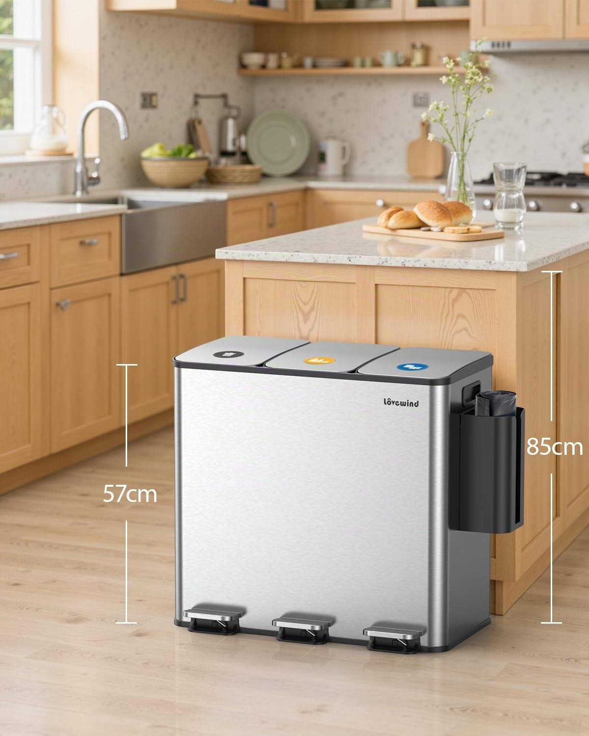 Lovewind Poubelle de Cuisine 3x20L Recyclage 3 Compartiments Argent