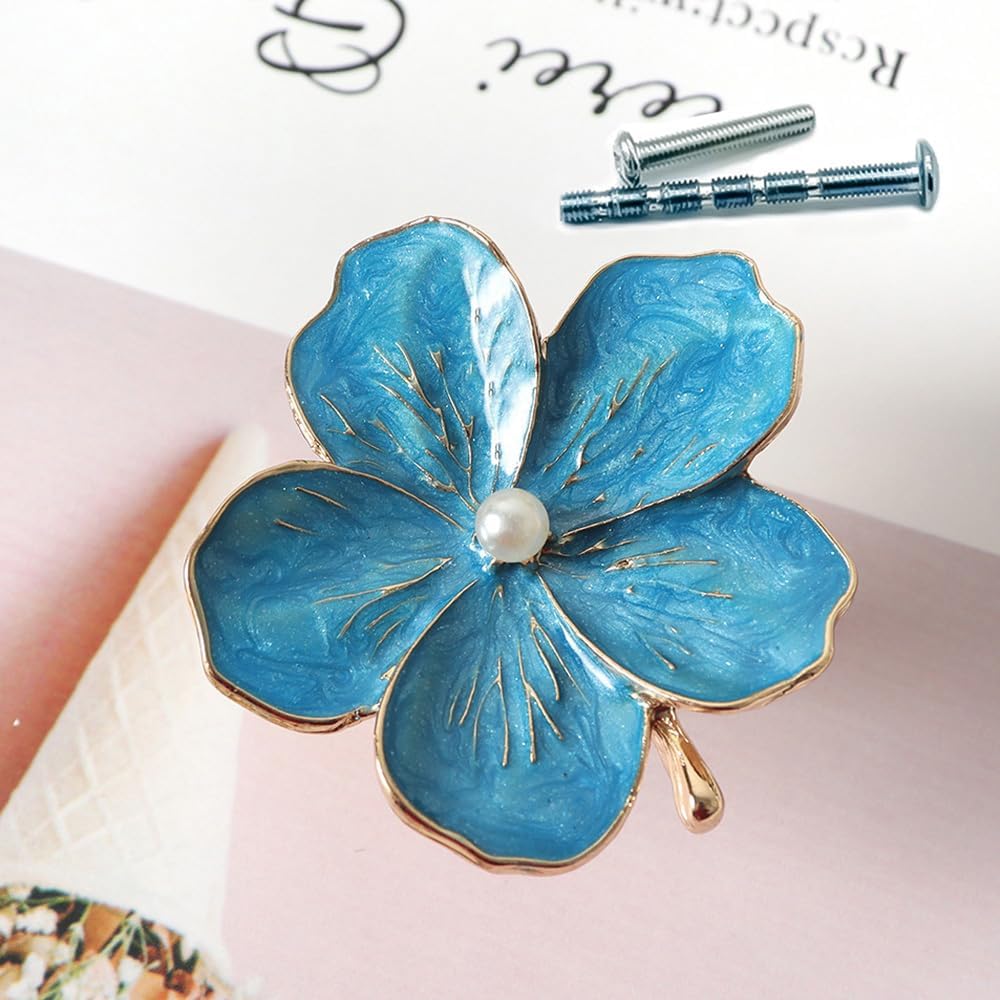 4Pcs Blue Flowers Drawer Knobs - Metal Blue Floral Cabinet Handles, Unique Blue Cupboard Knobs, Rose Knobs for Furniture DIY Decor (Blue)