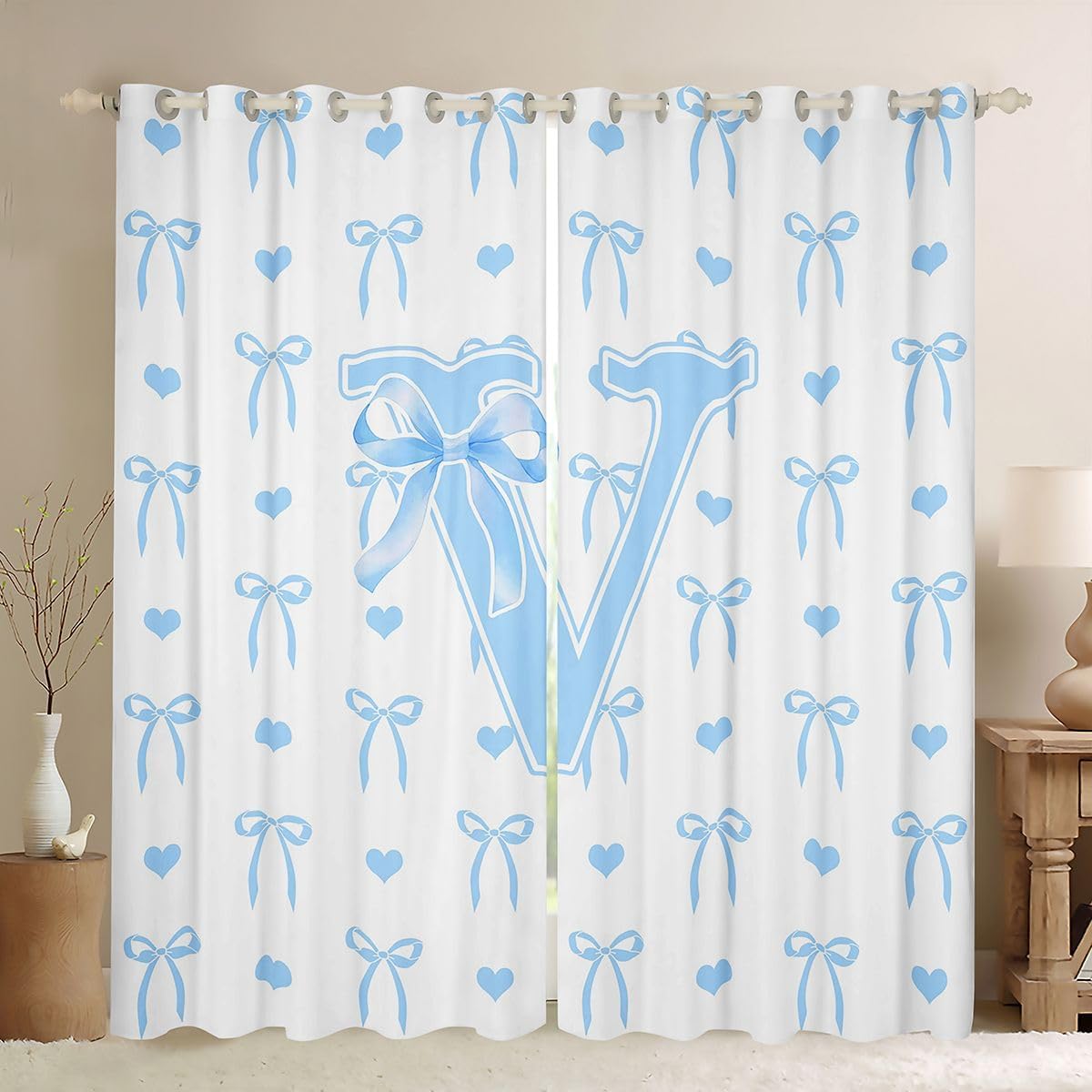 Feelyou Bow Curtains for Bedroom Living Room Blue White Bow Blackout Darkening Drapes Bowknot Window Treatments, 2 Panels 38 x 45 Inch Kawaii Room Decor Personalized Initial G