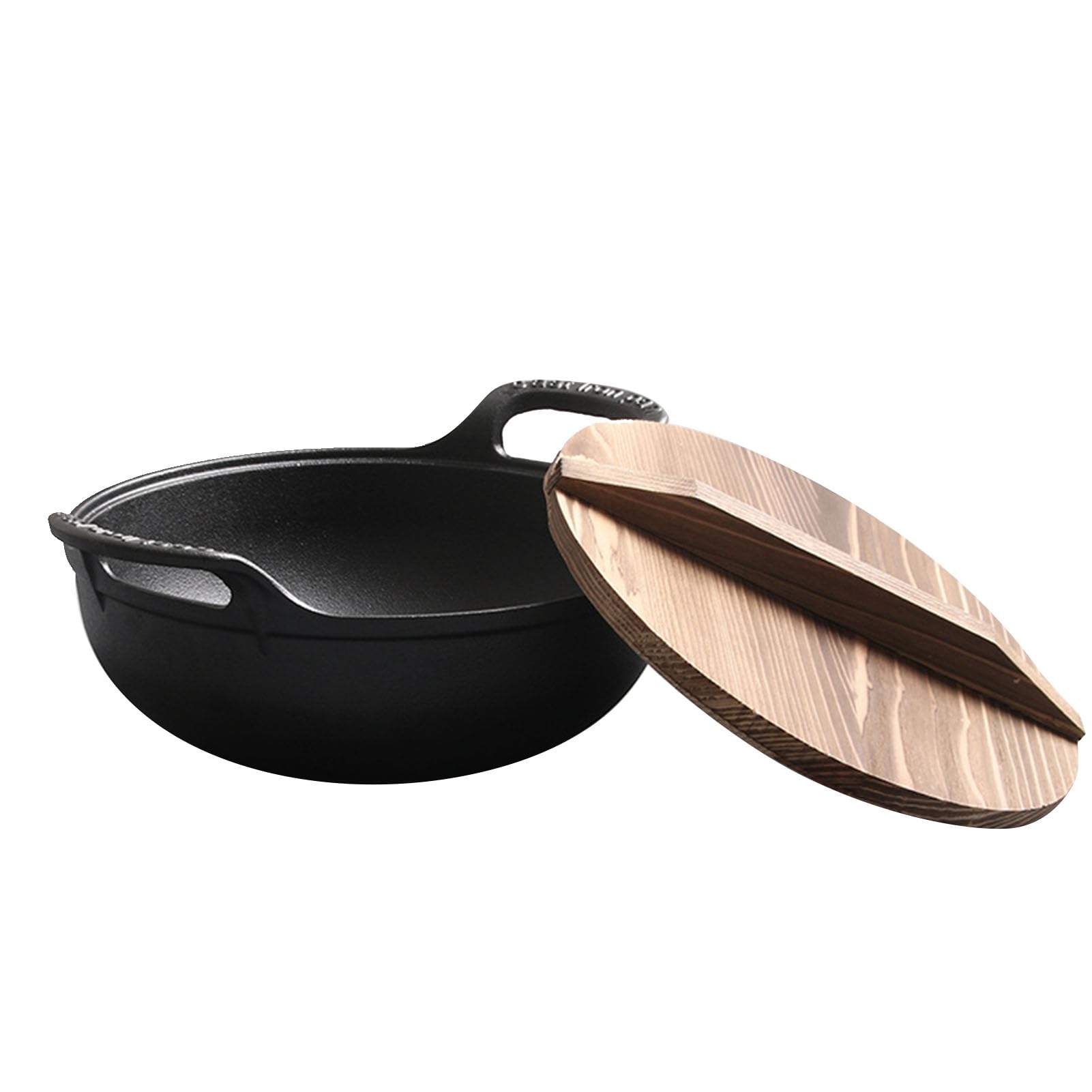Wok in Ghisa con Doppi Manici, Coperchio in Legno, Pentola per Stufato Cinese Pre-stagionata, Pentole Calde in Ghisa per Piano Cottura a Induzione, 10,6x10,6x3,3 Pollici (BLACK)