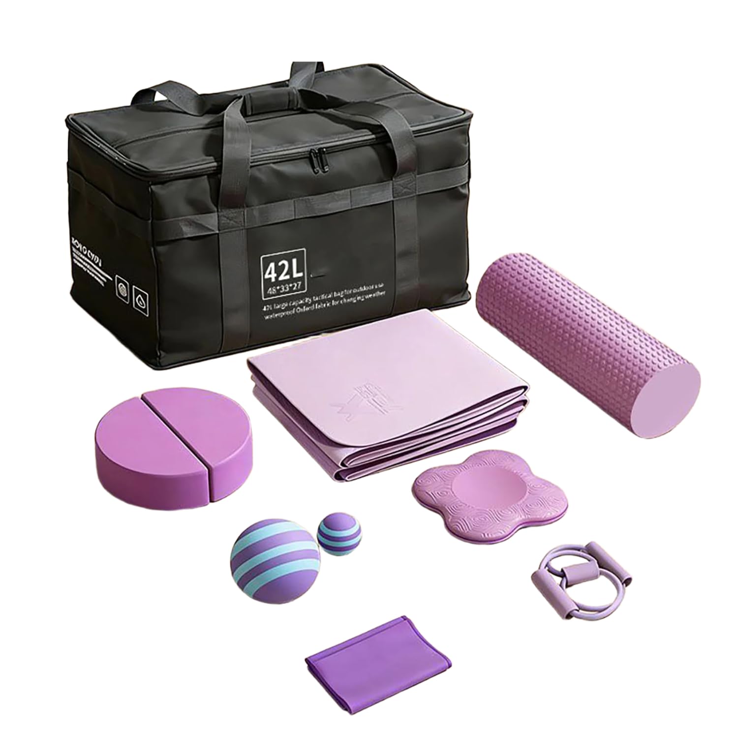 NILoykg& Set Yoga 7 in 1, Kit Attrezzatura Yoga con Tappetino Yoga Pieghevole, Rullo in Schiuma, Blocchi Yoga, Fasce di Resistenza, Cinghia per Stretching, Palla e Borsa per Il Trasporto,Viola