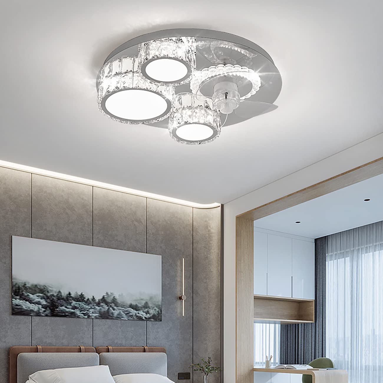 YUNZI Crystal Ceiling fans with Lights and Remote 3 speeds Silent Fan LED Dimmable Ceiling Lights With Timer For Bedroom Living Room Dining Room Fan Lighting 50 * 12cm