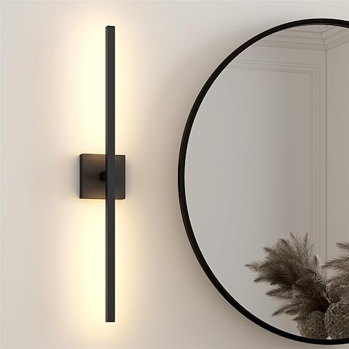 Lámpara de baño negra de 29.5 pulgadas, rotación de 360, moderna lámpara LED regulable de pared moderna para sala de estar, tocador de baño sobre