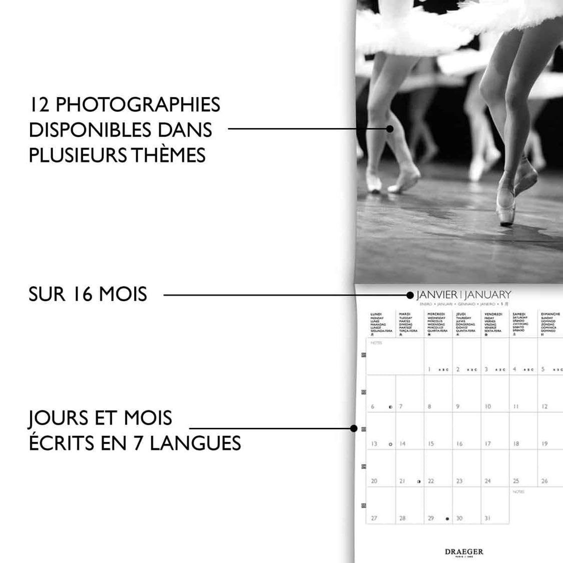 DRAEGER PARIS 1886, Small Wall Calendar 2025 14x18 cm, Sept 2024-Dec 2025-12 Themed Photos, Stylish Multi-Language Design - Image 4