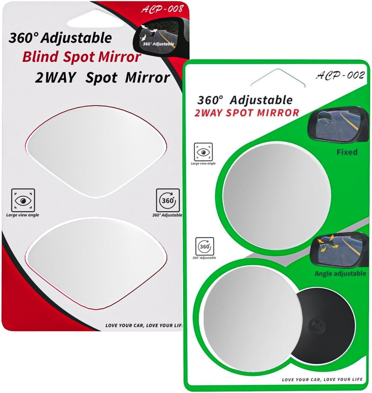 2 Pack 360° Adjustable Blind Spot Mirrors for Cars – Universal Stick-On Rear View Mirrors for Improved Visibility, Wide Angle Convex Mirror for Trucks, SUVs, and Vehicles, Round & Fan-Shaped