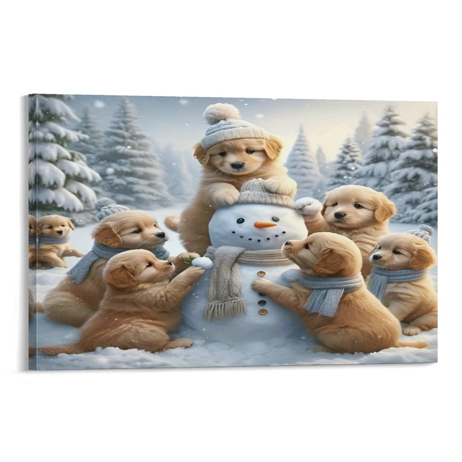 CPLVKWRQJ Snowy Puppies Fun Individual Golden Puppies Build Cute Snowman Outdoors Canvas Artwork - Bedroom Canvas Painting Easy to Clean Space Transformer Decor 08x12inch(20x30cm)