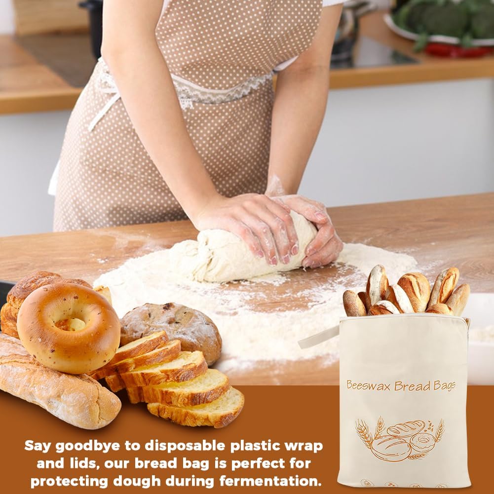 2 Pack Beeswax Bread Bags with 2 Beeswax Wraps, 13x17in Zippered Reusable Cotton Bread Storage Bags for Sourdough & Homemade Bread, Fresh Keeping Kitchen Baking
