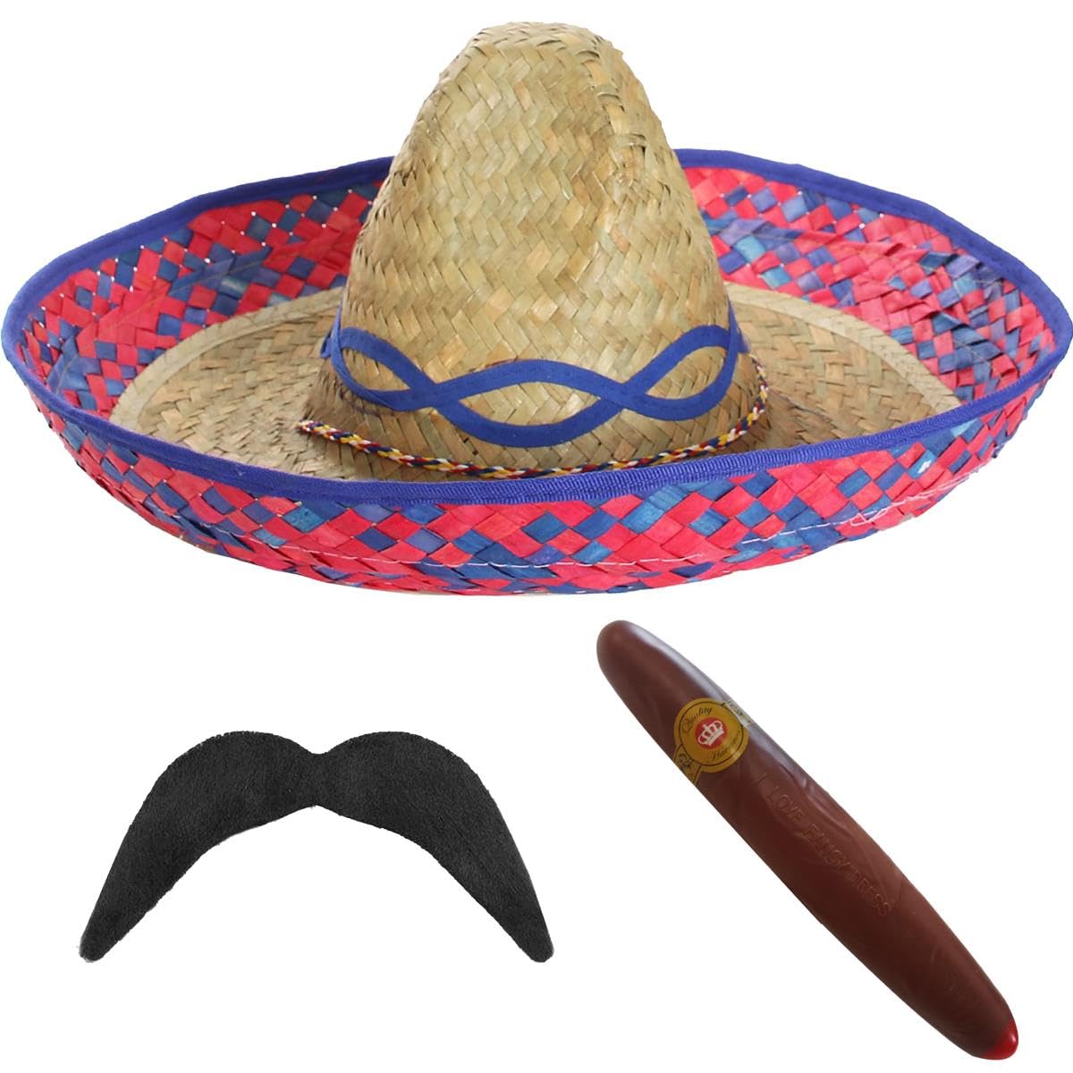 Mexican Sombrero and Tash Costume Set - Pack of 48 - Blue Straw Hat, Fake Cigar and Stick-On Moustache - Mexico Party Fancy Dress Accessory